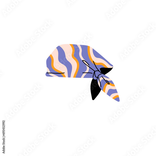 Stylish bandana, unisex bandanna. Retro kerchief hat. Patterned silk headwear, headgear. Knotted head clothes, fashionable textile accessory. Flat isolated vector illustration on white background
