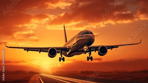 Landing a plane against a golden sky at sunset. Passenger aircraft flying up in sunset light. The concept of fast travel, recreation and business