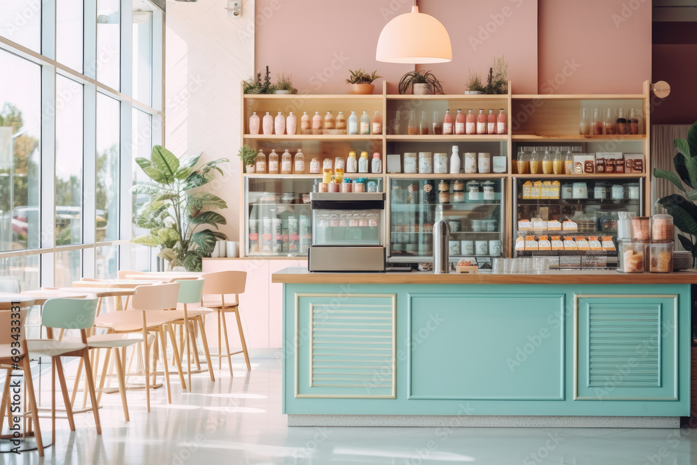 A modern cafe interior with stylish furniture, white decor and tempting desserts, offering a cozy experience.