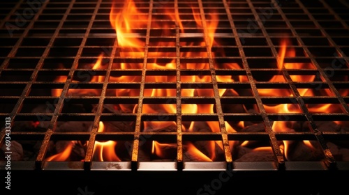 Barbecue grill with fire flames. Empty fire grid. Picnic concept.