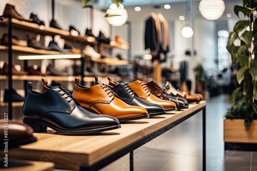A fashionable shoe store offering a modern and stylish collection of luxury shoes in a variety of colors. photo