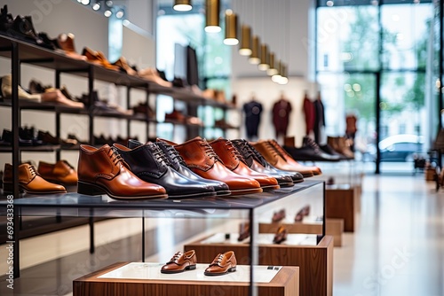 Stylish shoes are displayed in a fashionable retail store, offering shoppers a wide selection to explore. photo