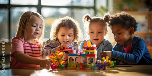 Boys and girls play and learn together by building with colorful bricks in an educational and creative environment.