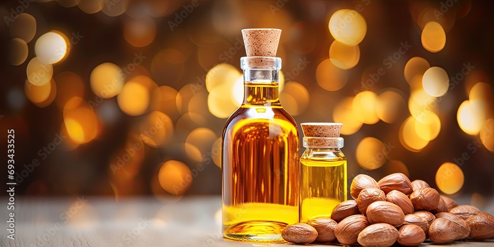 A bottle of organic argan oil on a wooden table, embodying health and wellness, suitable for various uses. A bottle of organic argan oil on a wooden table, embodying health and wellness, suitable for various uses.