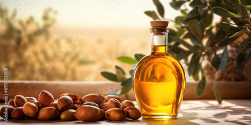 A bottle of healthy, organic argan oil on a wooden table, showcasing its natural and nutritious qualities. photo