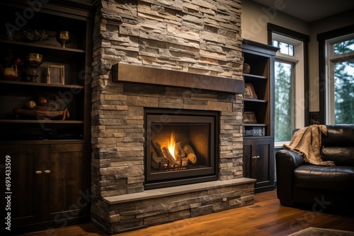 A large stone fireplace with blazing flames photo