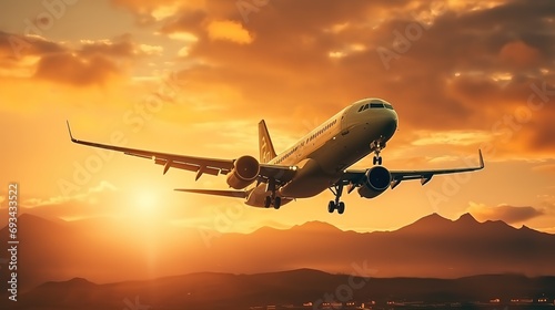 Landing a plane against a golden sky at sunset. Passenger aircraft flying up in sunset light. The concept of fast travel, recreation and business © Intelligence Studio