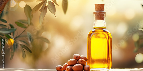 A bottle of golden, organic olive or argan oil on a wooden table, representing Mediterranean culinary goodness. photo