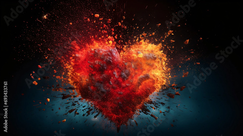 Explodierendes rotes Herz in Farbpartikeln photo