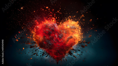 Explodierendes rotes Herz in Farbpartikeln