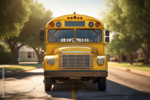 Back to school concept. School bus on the road in the evening. Front view