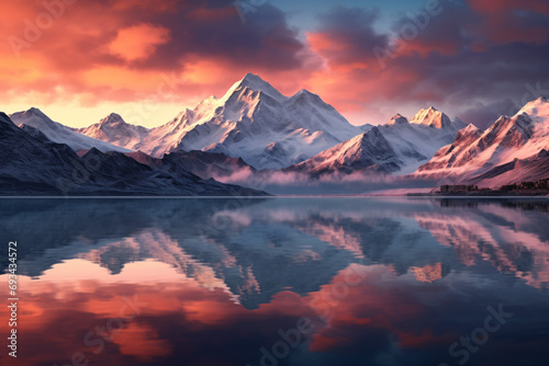 A beautiful mountain peak reflecting in a calm lake at sunset