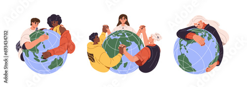 Young people love, hug planet set. Kids hold on hands, save, protect earth together. Girls and boys care about green globe. World ecology, environment. Flat isolated vector illustration on white