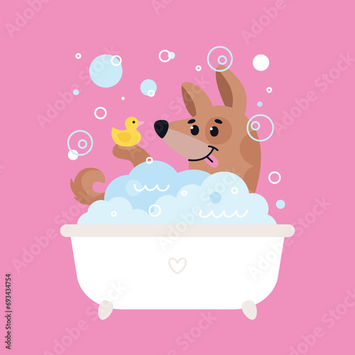 Dog pet grooming. Caring about dog. Pet washing service. Happy bathing pet. Flat vector illustration