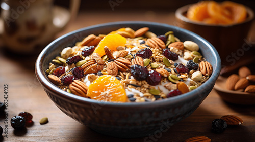 Nutritious Morning Delight: Top-Down Homemade Muesli Bowl. Generative AI