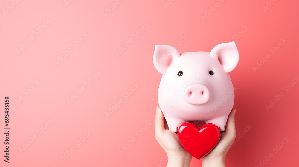 Hands hold a pink piggy bank and small red heart on pink background.Concept of saving money or savings, investment or love. Hands hold a pink piggy bank and small red heart on pink background.Concept of saving money or savings, investment or love.