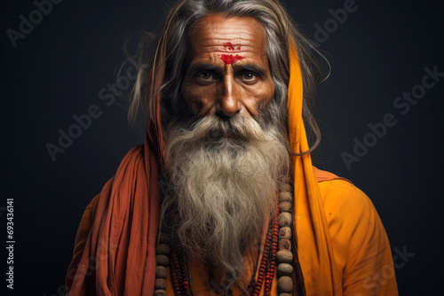 Portrait of a bearded Indian man in orange clothes on black background