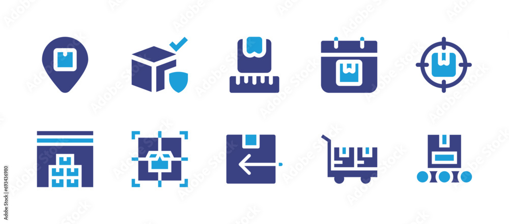 Logistics icon set. Duotone color. Vector illustration. Containing box, calendar, pin, ruler, target, product, shipping, store, return box, conveyor belt.