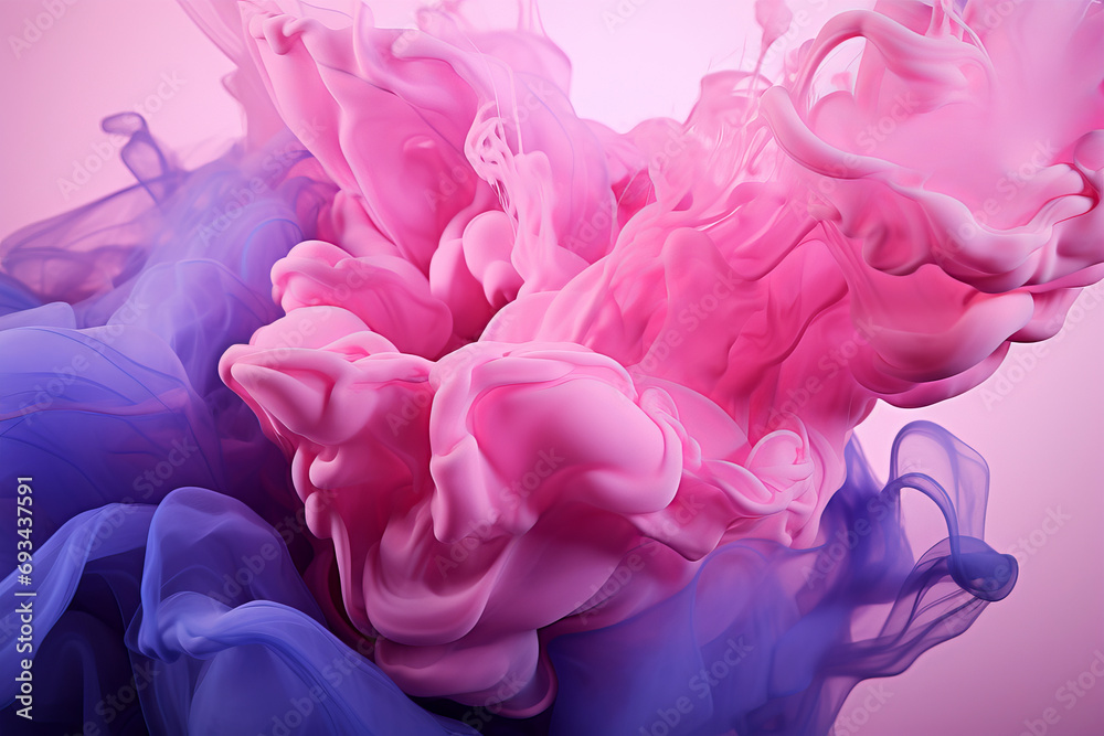 abstract background of pink and blue ink in water close-up