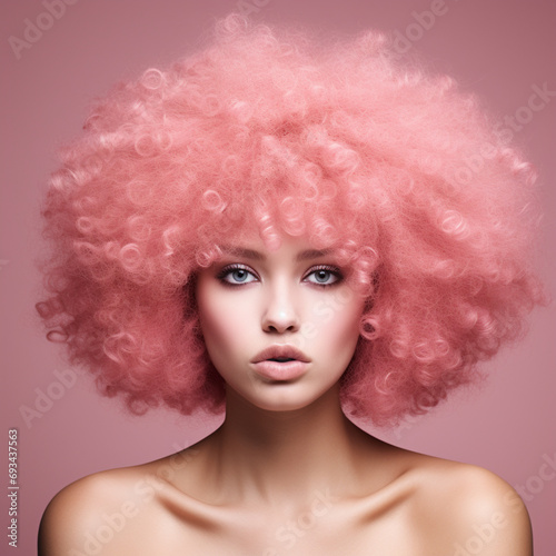 Woman with pink afro hair on a pink background.
