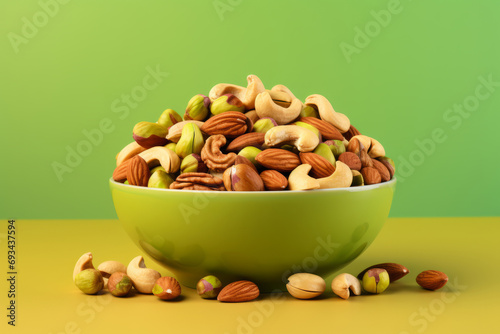 Bowl of mixed nuts on yellow and green background with copy space