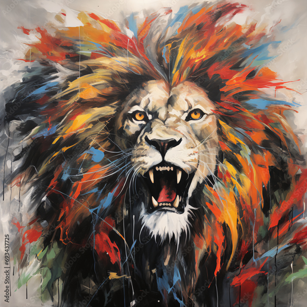 Intertwined Lion in Abstract Expressionist Style: A Study of Chaos, Unity, and Contrasting Colors
