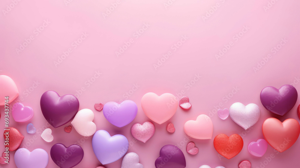 Valentine’s Day pink background with pink and purple hearts. Romance,  love theme