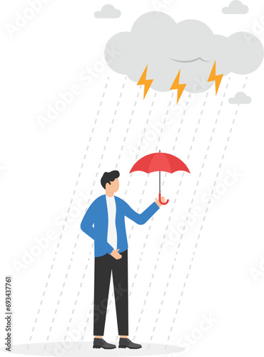 Soaked misfortune businessman with too small umbrella protection in strong raining storm. Business mistakes causing failure, problem, risk management. 

