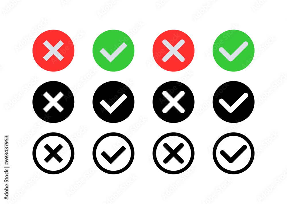 Checkmark and cross icons set. Different styles, checkmarks and crosses icons, red cross, green checkmark. Vector icons Checkmark and cross icons set. Different styles, checkmarks and crosses icons, red cross, green checkmark. Vector icons