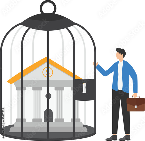 Financial sanction disconnect from SWIFT international money transfer, lockdown bank transaction against Russian war concept, businessman look at bank building locked inside bird cage.

