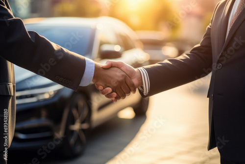 A close-up handshake between a businessmen on the background of a luxury car 