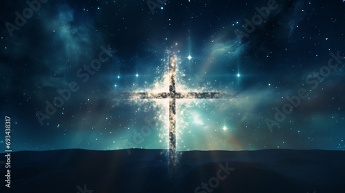 The symbol of the glowing cross in the starry night