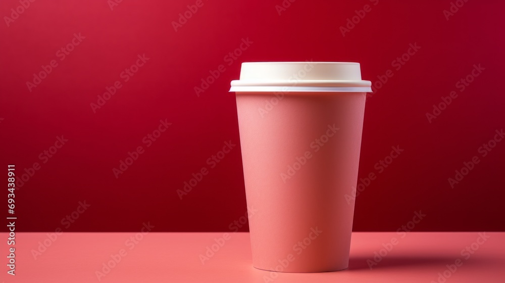 Coffee, pink paper carton cup on a pink, pastel, colorful, trendy background. Takeaway drink container. Good morning, wake up, awake concept. Template for a drink mockup. copy space