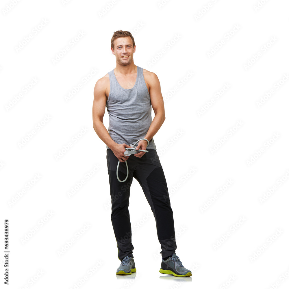 Fototapeta premium Strong, portrait and man by resistance band in studio, gym mockup and training for workout. Person, face and happy to exercise by muscle growth, equipment and stretching in health on white background