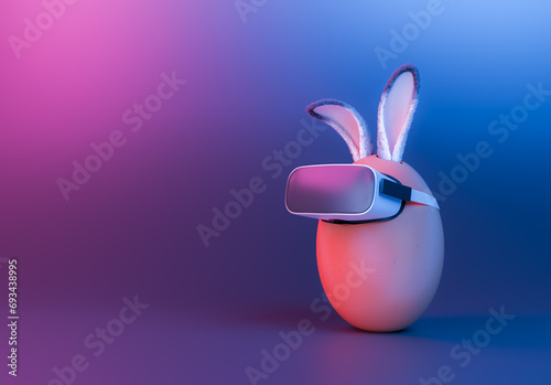 3d rendering of a modern Easter egg concept with fluffy bunny ears and a virtual reality headset bathed in vibrant neon blue and pink lighting. Concept of metaverse, technology and augmented reality.