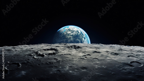 Earth from moon, view of planet earth from the surface of the moon, generative ai