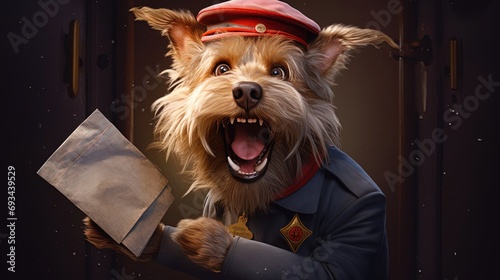 An animated dog in a postman's uniform joyfully delivers mail.