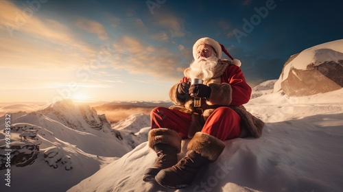 Santa Claus takes a break on a snowy mountain at sunrise.