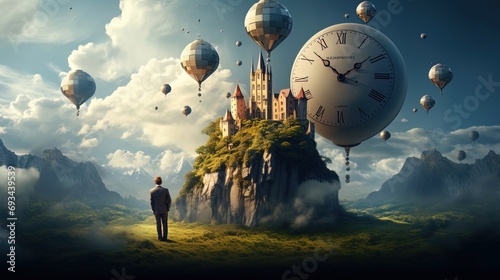 A person gazes at a floating castle with clocks, blending fantasy with time.