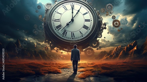 A man faces a giant clock amidst a surreal twilight, symbolizing the passage of time.