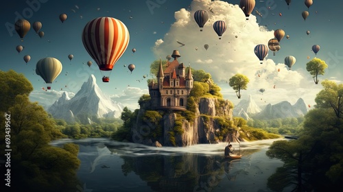 An idyllic castle perched on a lush island floats among a sky filled with hot air balloons. This whimsical scene captures the essence of fantasy and adventure, evoking a sense of escape to a magical