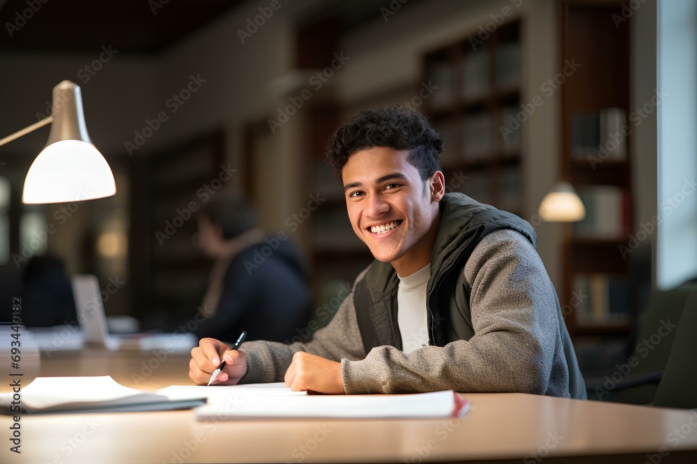a male college student sitting at a desk in the library, focused on studying. generative AI
