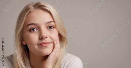 Portrait of charming curious cheerful blonde girl overthinking, Copy space. Place for text 