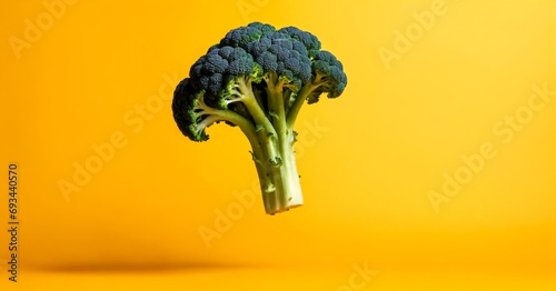 broccoli soars in the air on a yellow background with a shadow. Creative flying food concept.Square minimalistic vegetable background with free copy space for text.
