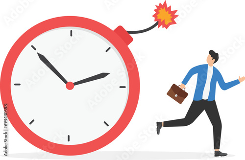 Entrepreneur running away from a detonated time countdown bomb about to explode. Time management, project deadline countdown or problem or trouble to deliver or launch product.

