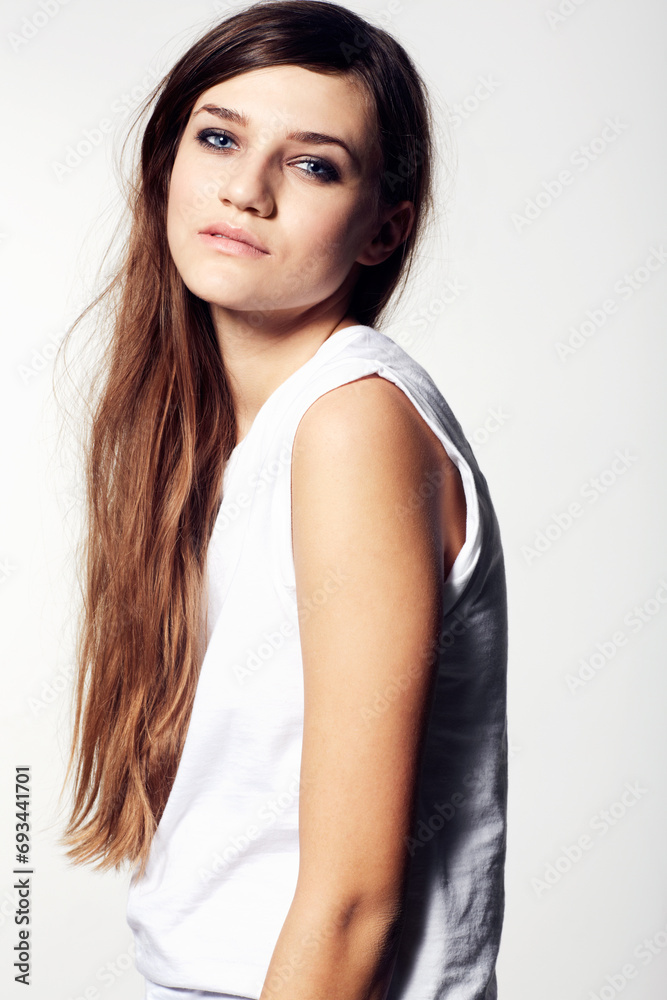 Portrait, beauty and hair with a natural woman in studio on a white background for cosmetic wellness. Skincare, haircare and a confident young person at the salon for shampoo or keratin treatment Portrait, beauty and hair with a natural woman in studio on a white background for cosmetic wellness. Skincare, haircare and a confident young person at the salon for shampoo or keratin treatment