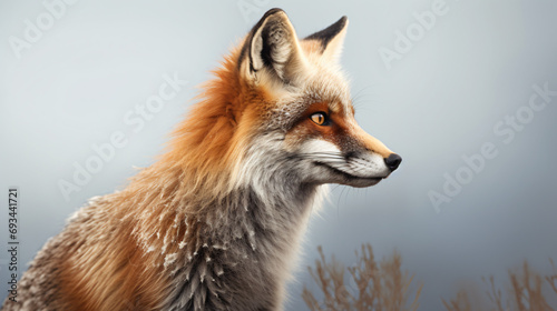 A lonesome Red fox in profile against a plain backdrop