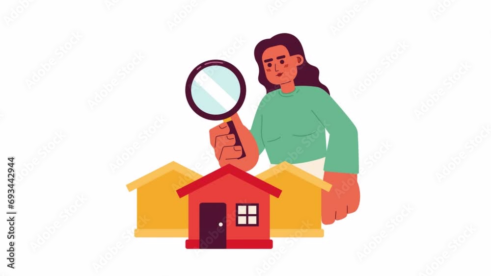 Searching suburban homes for sale 2D animation. Indian woman purchases house in suburbs 4K video motion graphic. Magnifying glass property color animated cartoon flat concept, white background Searching suburban homes for sale 2D animation. Indian woman purchases house in suburbs 4K video motion graphic. Magnifying glass property color animated cartoon flat concept, white background