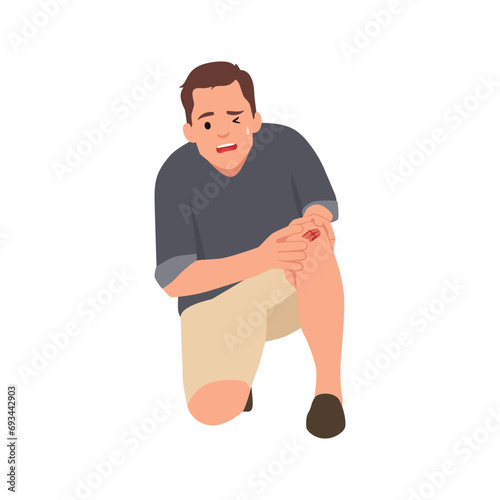 Young man flop falling having knee pain. kneel Arthritis pain. Flat vector illustration isolated on white background
