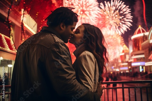 Romantic Couple New Year's Eve Fireworks on Vegas Strip, Nevada USA